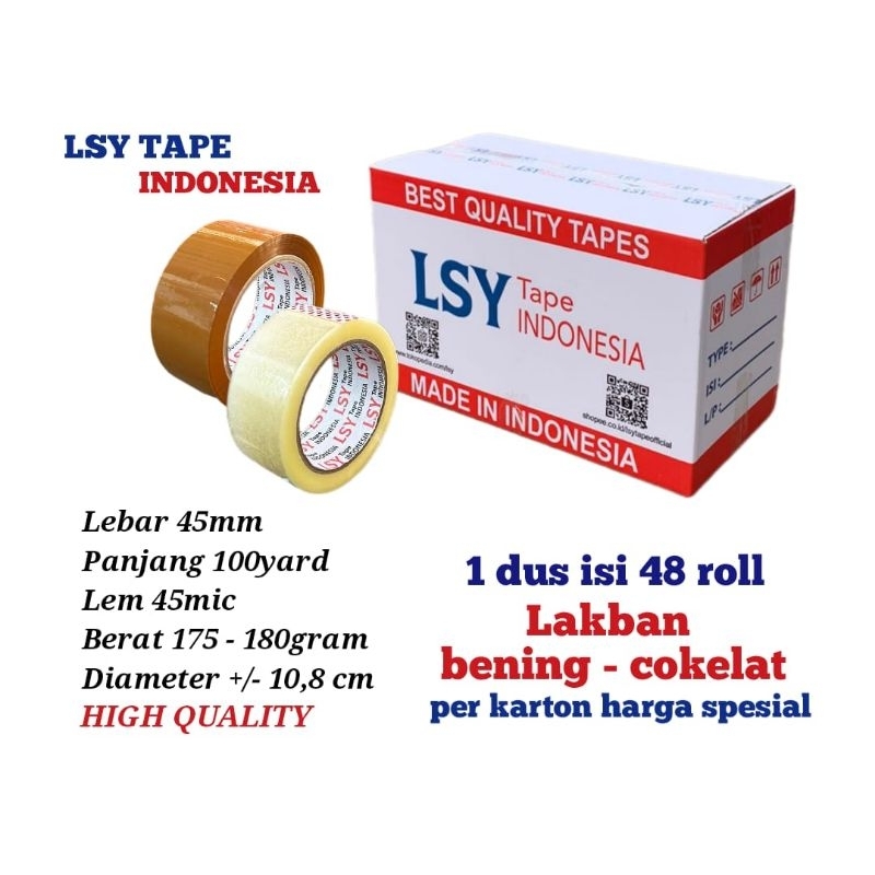 

lakban bening - cokelat kualitas LSY TAPE 1 dus isi 48 roll 100yard CMH