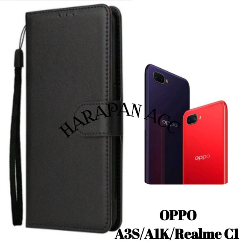 Case Oppo A3S/A1K/Realme C1 Flip cover hp model dompet kulit Premium