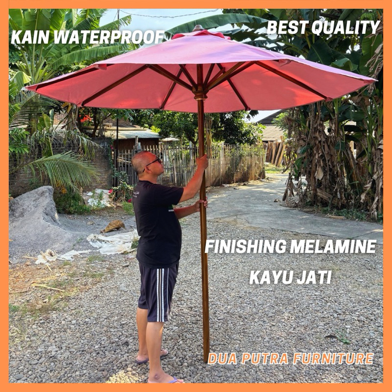 rangka payung kayu jati kain waterproof, payung taman, tenda payung cafe outdoor, payung pantai, ran