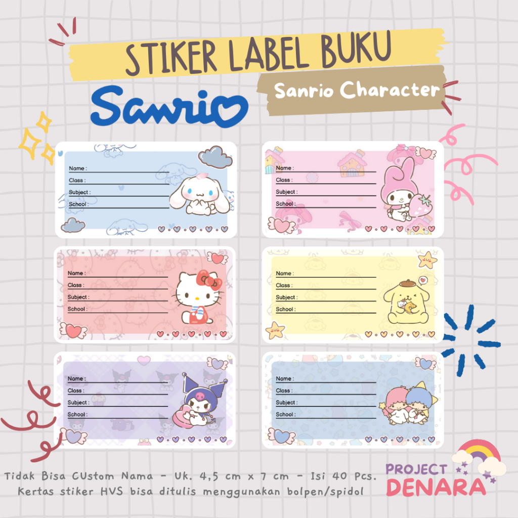 

40 Pcs Stiker Label Nama Buku KOSOSNGAN Sanrio Family - Kuromi Cinnamoroll Melody