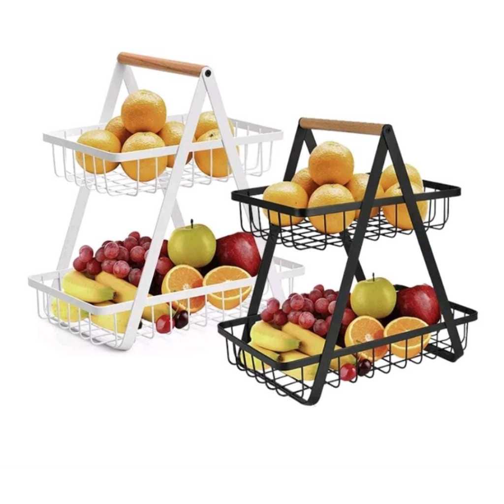 Rak Dapur Rak Buah Besi Segitiga 2 Tingkat Serbaguna Rak Keranjang Buah Sayur & Bumbu Dapur Praktis