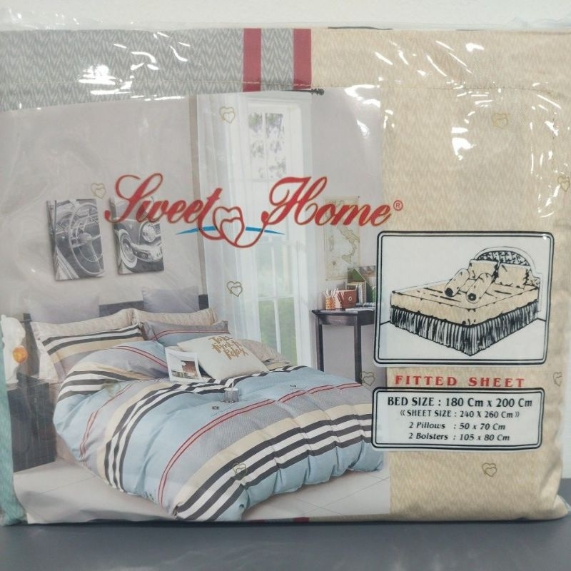 sprei karet bahan Katun Exclusive 180x200x30 motif garis cream abu hijau hitan putih