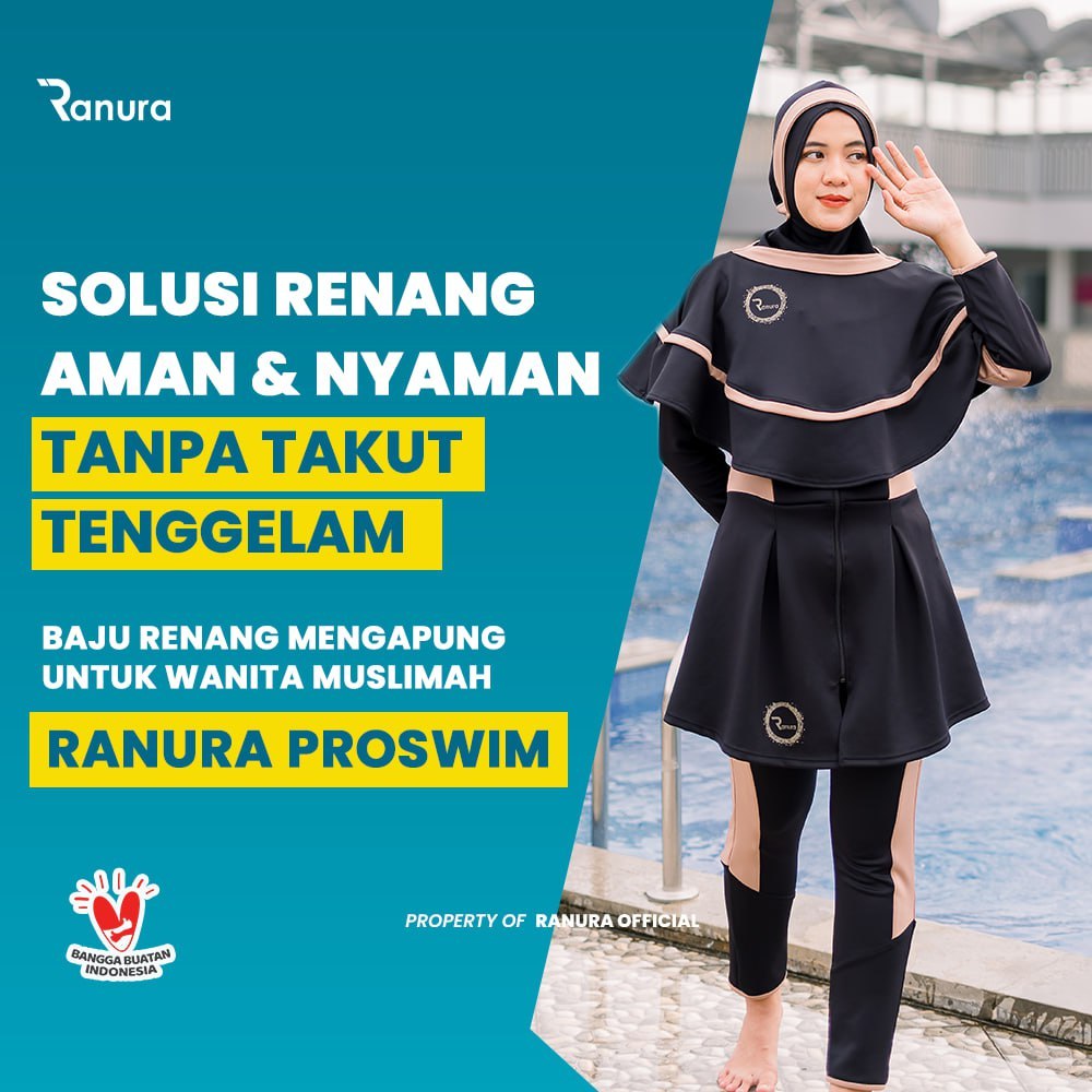 Baju Renang Pelampung Wanita Muslimah Ranura Proswim Hijab Dewasa Panjang Syari Black Milo Alat Tera