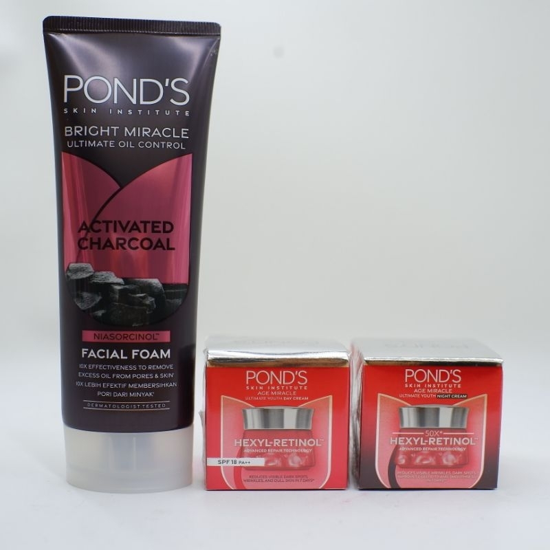 Paket 3in1 Cream Ponds Age Miracle Siang Malam & Charcoal Facial Foam 100ml