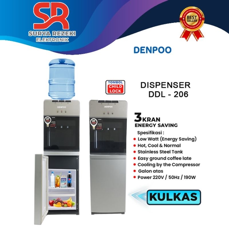 DISPENSER DENPOO GALON ATAS BAWAH KULKAS PENDINGIN LOW WATT 190W DDL 206