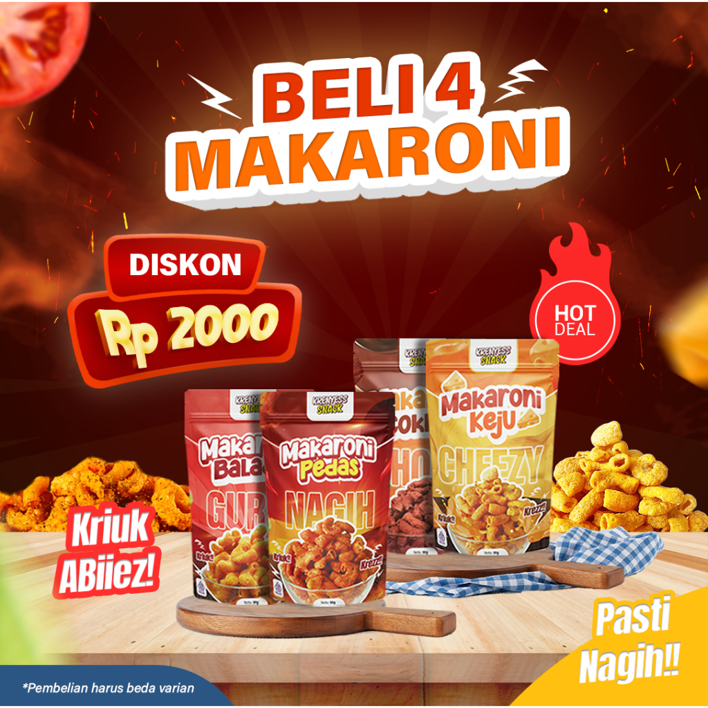 

[PROMO BELI 4 DISKON 2000] Makanan Ringan Makaroni Krenyess Pedas Manis Gurih