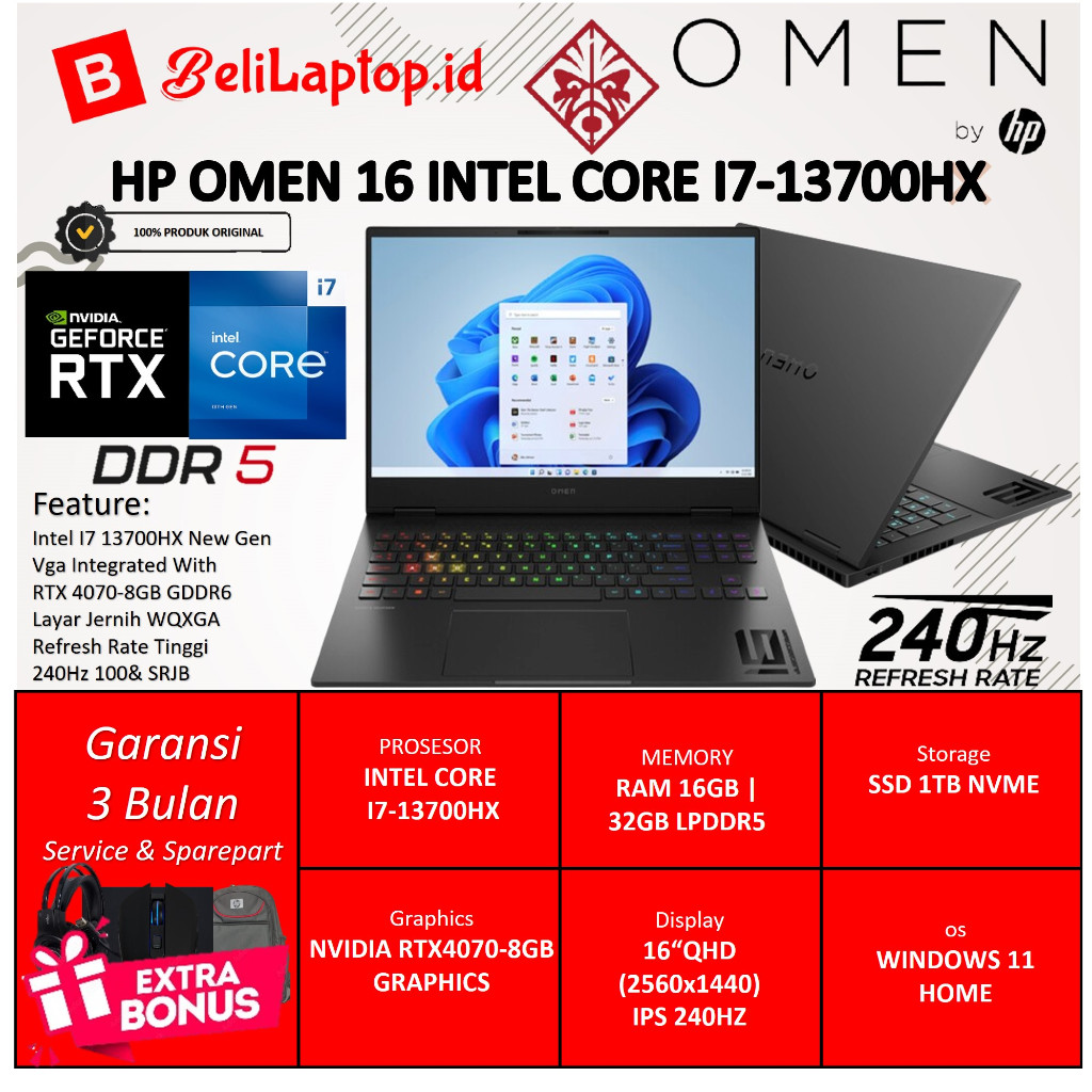 HP OMEN 16 INTEL CORE I7-13700HX RAM 32GB SSD 1TB 16.0 QHD 240HZ RTX 4070-8GB