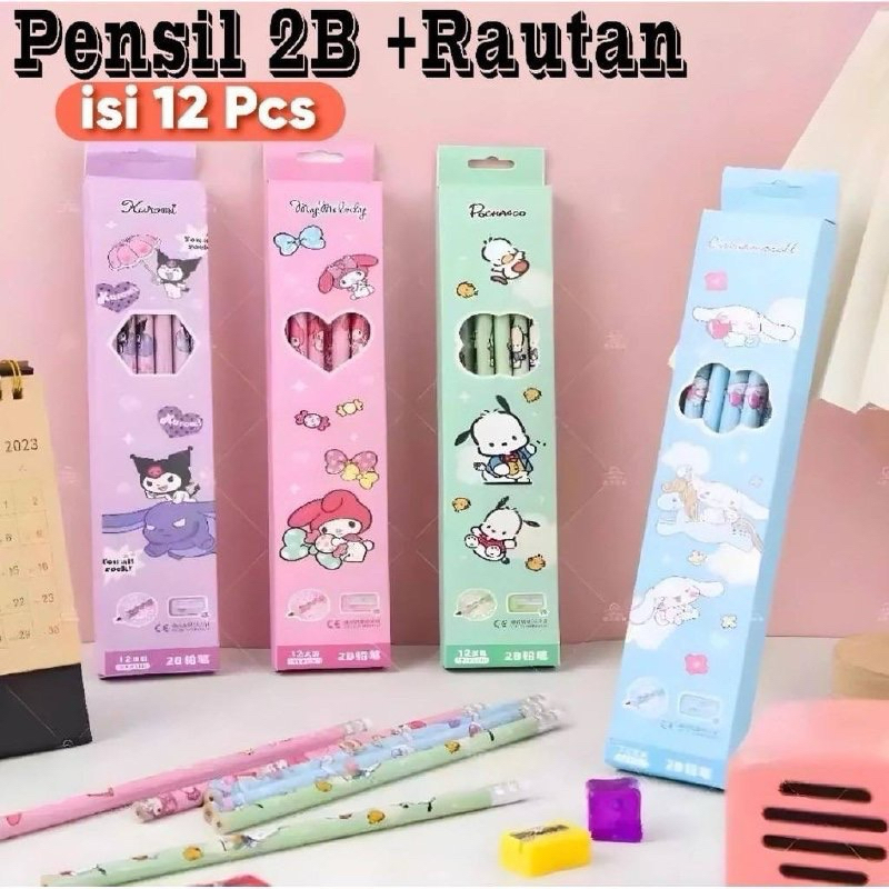 

(1 BOX) Pensil 2B Kayu Sanrio Kuromi Cinnamorol Melody Pochacho Penghapus Serutan Grip Lucu