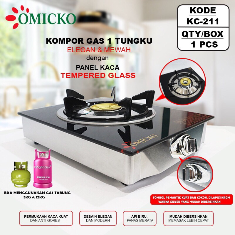 Kompor gas kaca 1 tungku omicko TEMPERED GLASS ELEGAN / kompor gas 1 tungku glass