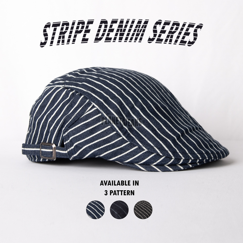 Topi Flat Cap Denim Salur Pelukis Vintage Baret Newsboy Hat Stripe - FC06 Planet Jeans