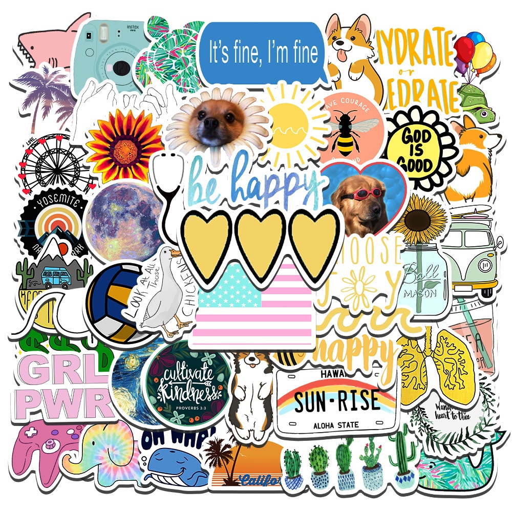 

[50PCS]Stiker Aesthetic Pack Sederhana Stiker Lucu Tahan Gores Decal Vinyl Stiker Anti Air-Sticker Buku Journal Koper Stker Casing HP Tablet Laptop Helm Motor Botol Minum