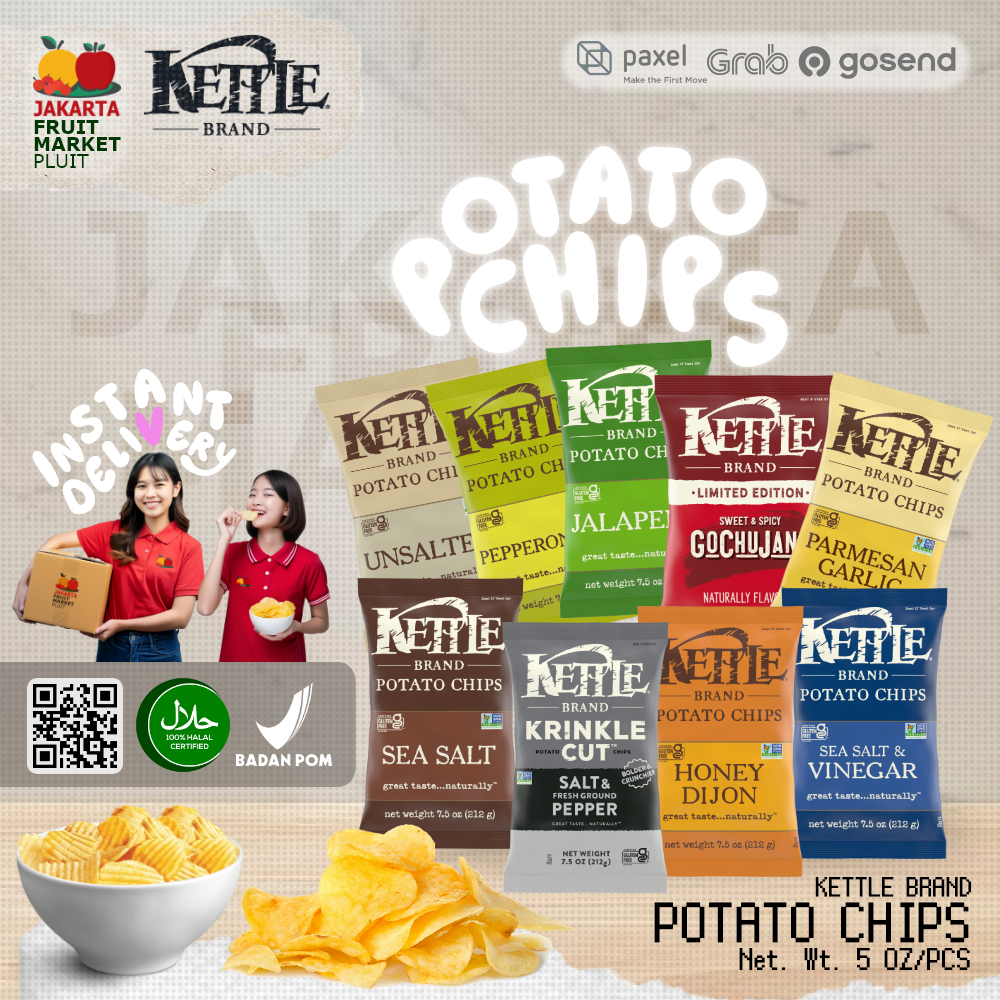 

KETTLE BRAND POTATO CHIPS ALL cheddar seasalt vinegar hoeny dijon salt pepper kripik kentang