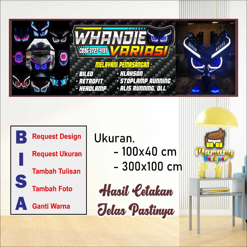 Cetak MMT Banner Spanduk Bengkel Lampu Alis, Variasi Motor