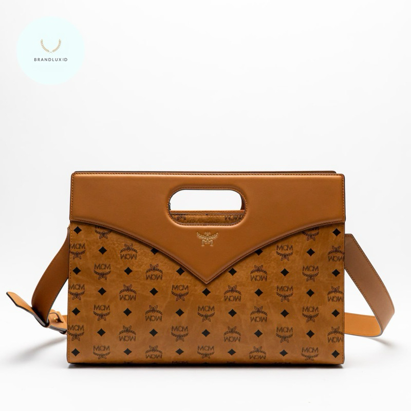 MCM Medium Diamond Leather Tote Visetos Cognac