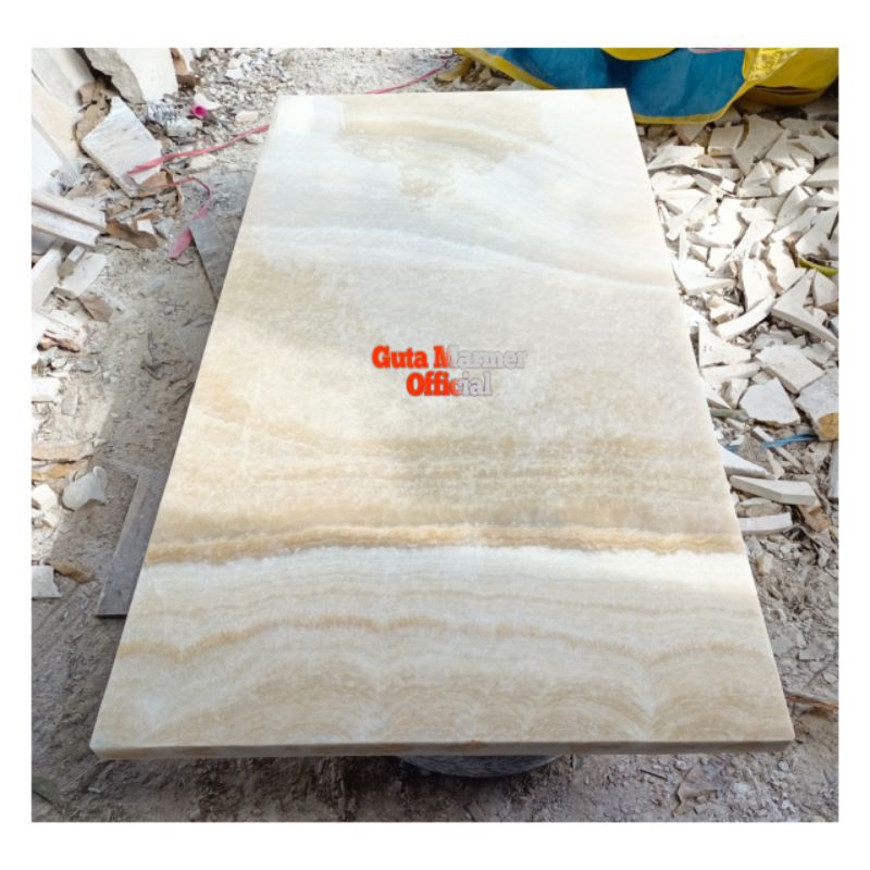 Table Top || Daun Meja Batu Onix Putih Motif Glosy Mengkilat Ukuran 90x180Cm