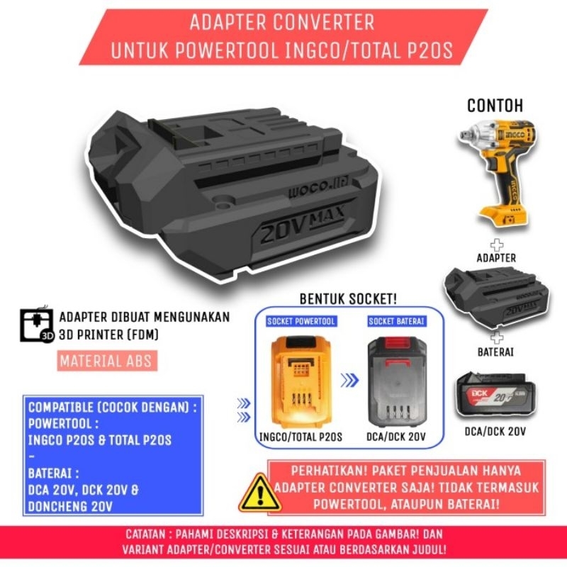 Adapter/Converter Baterai DCA/DCK/D..20V - U/Tool Ingco/Total P20S , 3DPrint ABS