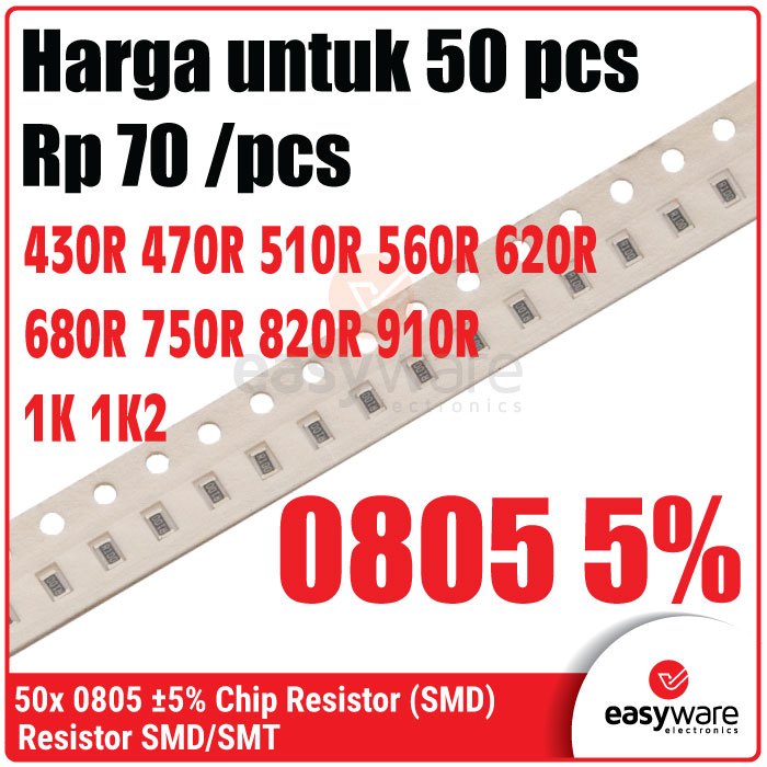 50pcs Resistor 0805 430R 470R 510R 560R 620R 680R 750R 820R 910R 1K 1K2 Chip Resistor SMD 0805 5% 43