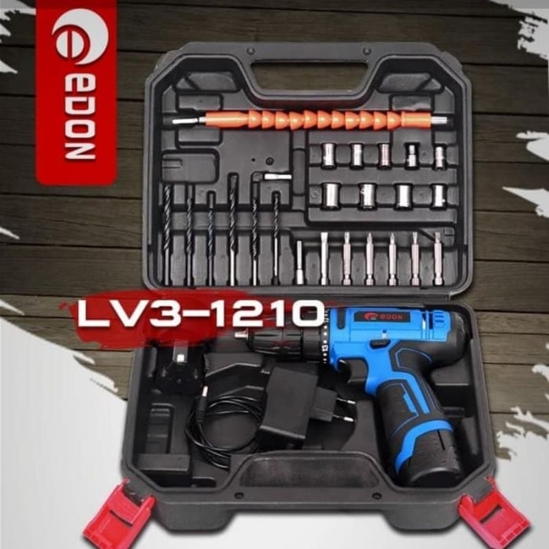 * Mesin Bor Cordless Charger Edon 12V Lithium Lv3-1210 Koper