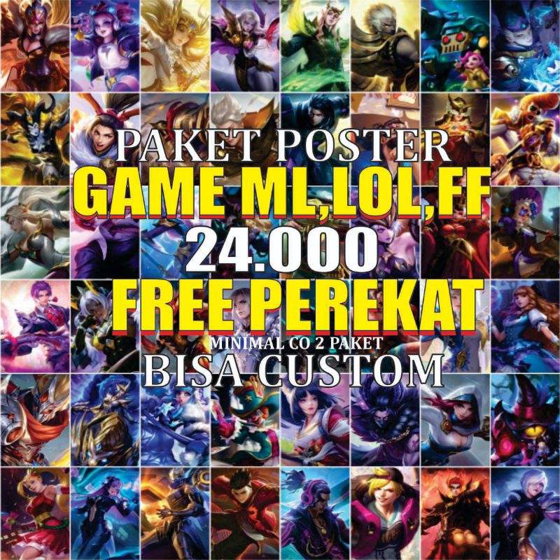HJ promo TERMURAH poster pack game ff,ml,lol dan genshin isi 48 lembar bisa custom pake gambar kamu 