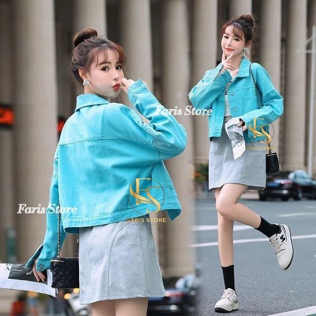 Jaket Jeans Crop Oversize Denim Crop Top Wanita Kekinian Korean Style Perempuan