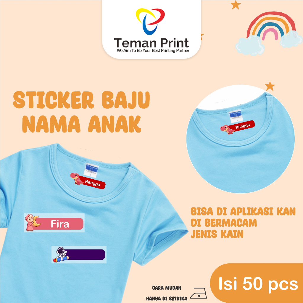 

Teman Print Stiker Baju Nama Anak Isi 50 Pcs Stiker Nama Penanda Pakaian & Seragam Anak