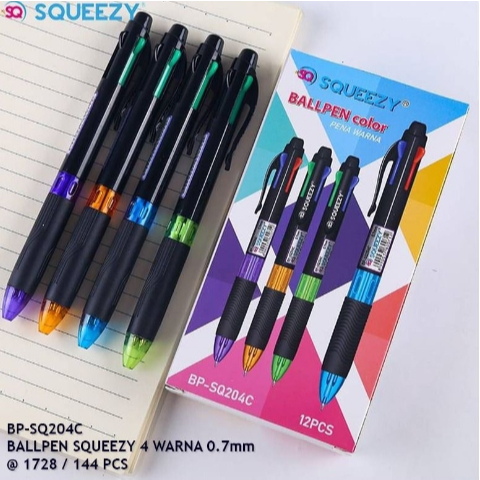 

(Pak/12Pcs) SQUEEZY - Bolpen SQ-204C 4 WARNA 0.7mm