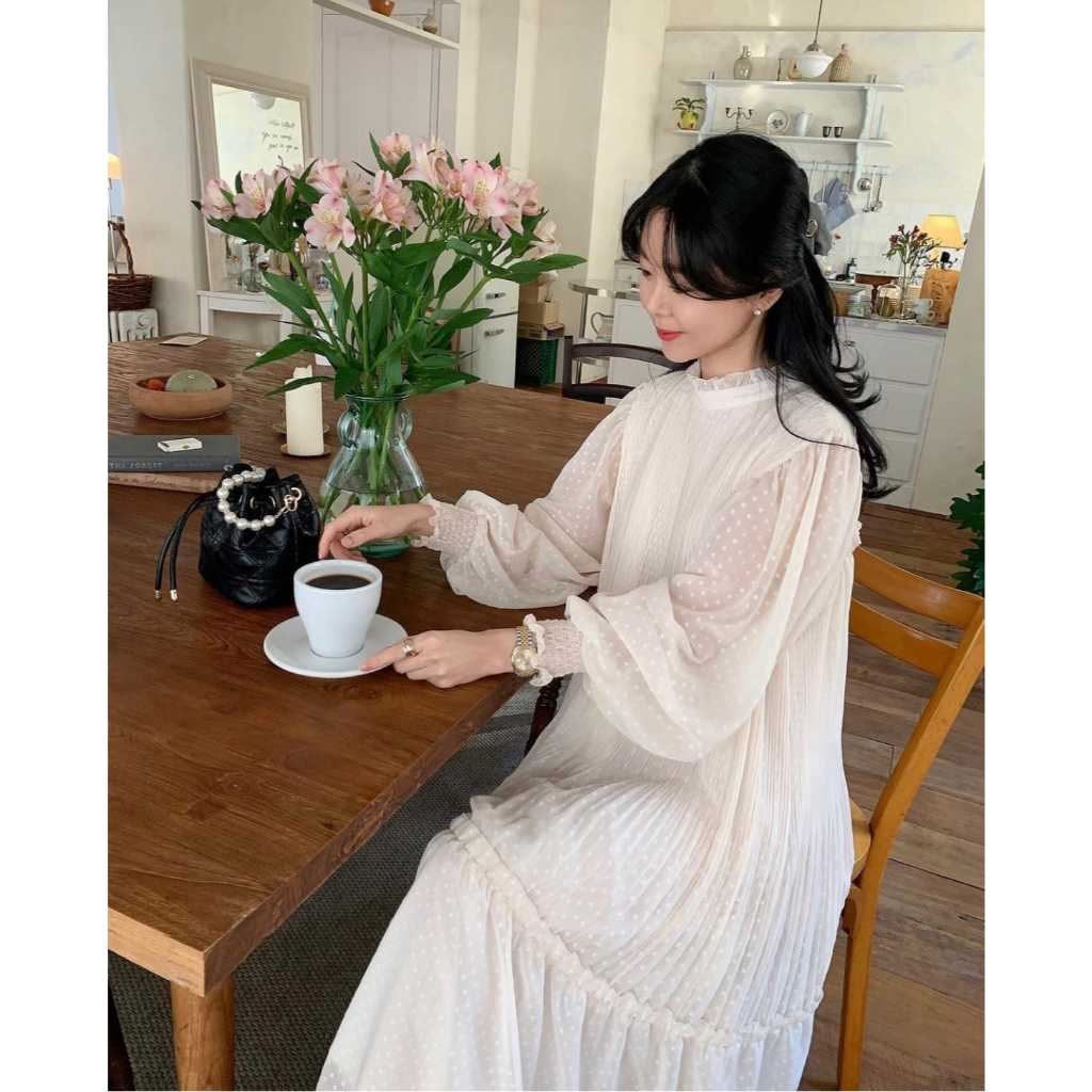 READY STOCK SAF - MIRANDA beige chiffon dress long sleeve woman premium / korean summer dress / beac