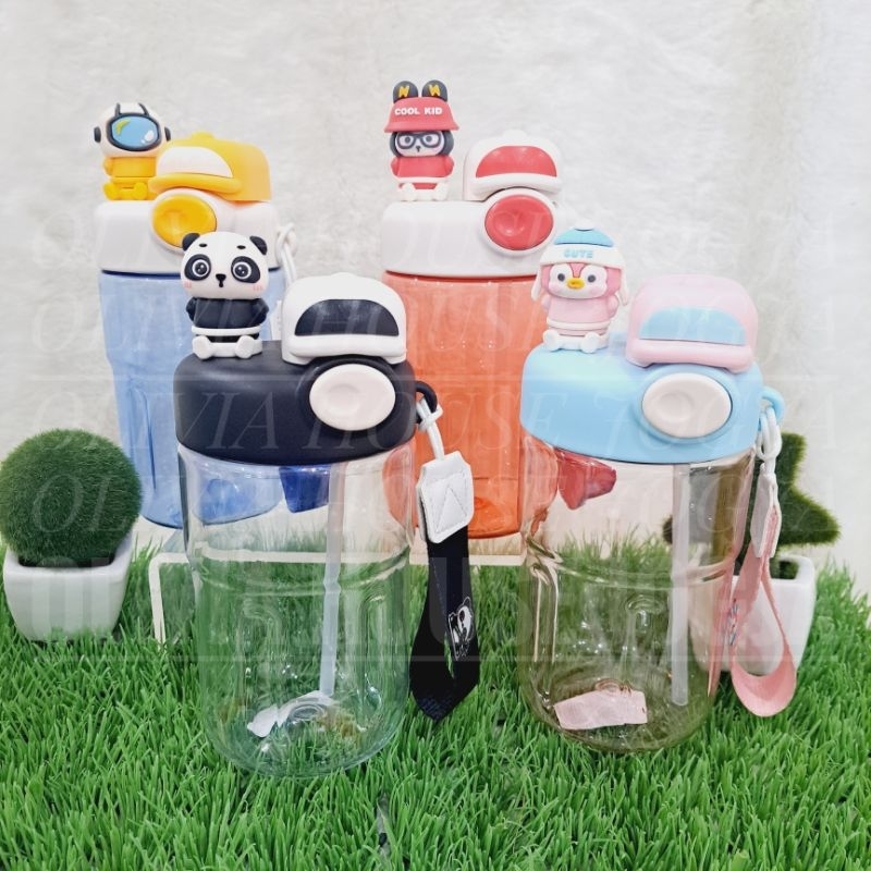 Botol Minum 2 Tutup Astronot Panda Tempat Minum Sedotan Tali Botol Minum Animal Pouch