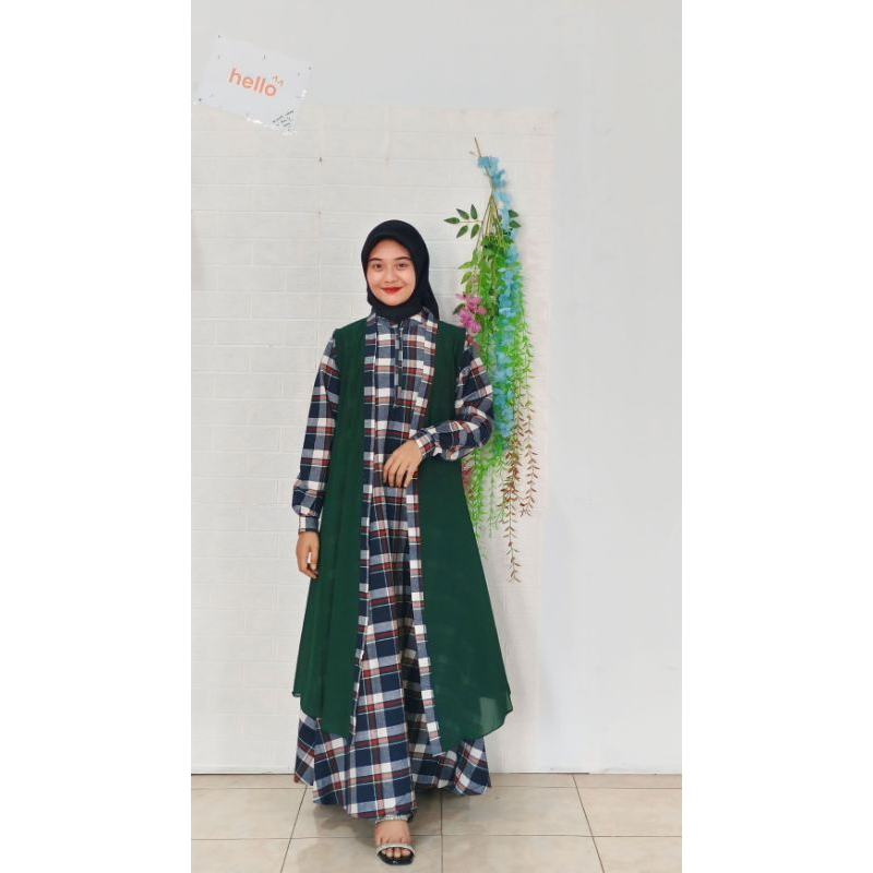 Gamis Wanita One Set Outer || Gamis Motif Kotak || Fashion Muslim || Gamis Trendy