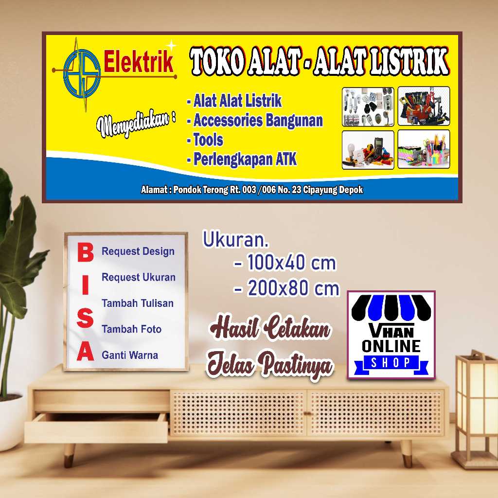 Cetak Banner Spanduk MMT Toko Alat Listrik dan Aksesoris Listrik Design Kuning Cerah