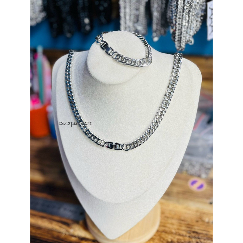 SATU SET KALUNG DAN GELANG RANTAI TITANIUM 7mm JEPIT JAM PRIA DAN WANITA ANTIKARAT DAN ANTI PUDAR