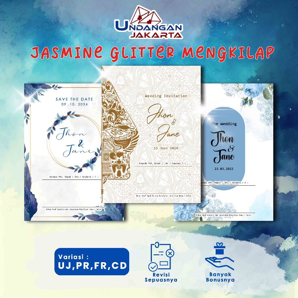 

Undangan Jakarta Undangan Pernikahan Jasmine Glitter Undangan Aesthetic Series, Rustic, Elegan, Simple & Murah Undangan Khitanan UJ CD PR FR