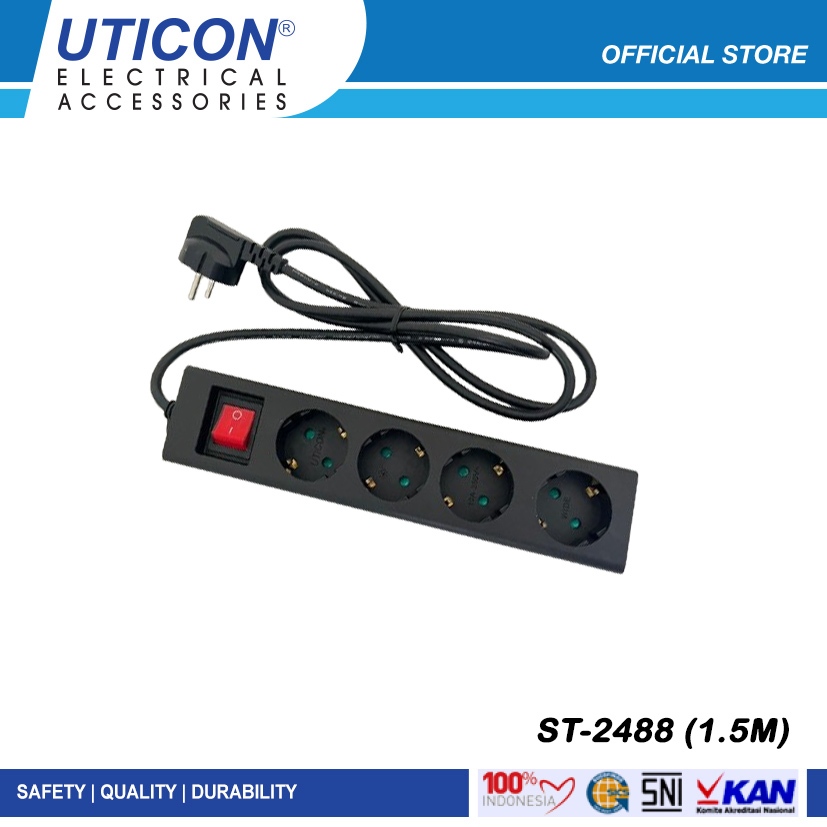 Uticon ST-2488 (1.5M) Stop Kontak 4 Lubang + Pengaman Soket + Saklar + Kabel - Hitam