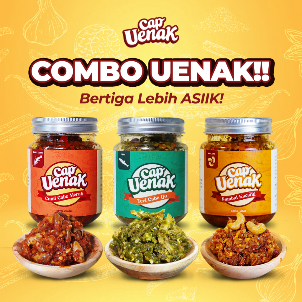 

Trio Combo Sambal Cap Uenak - Sambal Cumi Cabe Merah - Sambal Teri Cabe Ijo - Sambal Kacang