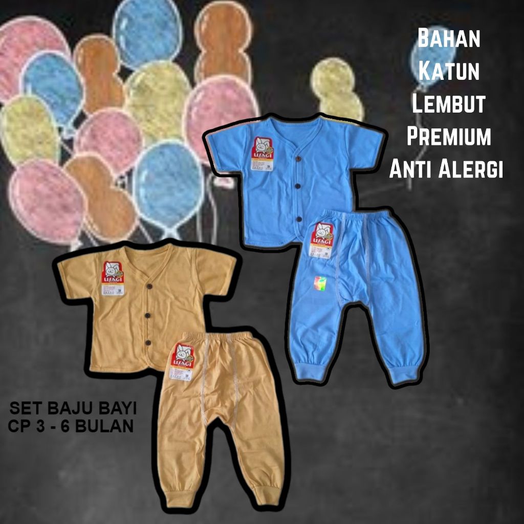 Setelan Baju Bayi Lengan Pendek Celana Panjang Kancing Motif Kayu