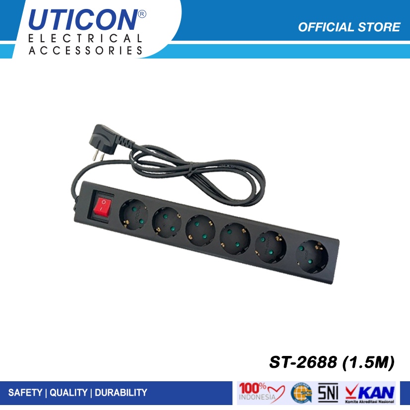 Uticon ST-2688 (1.5M) Stop Kontak 6 Lubang + Pengaman Soket + Saklar + Kabel - Hitam