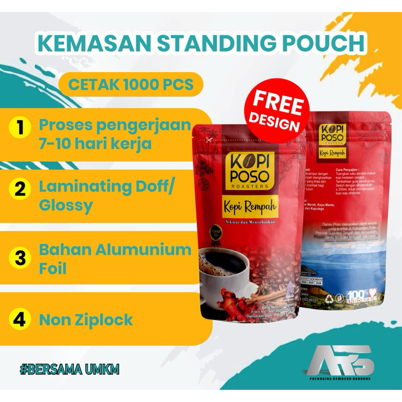 Cetak Kemasan standing pouch Alumunium foil non ziplock 1000Pcs