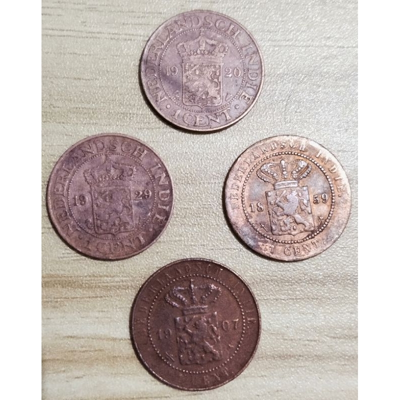 4 pcs duit koin kuno asli 1 cent tembaga tahun 1859 1907 1920 1929 Nedherlandsch Indie pernah bereda