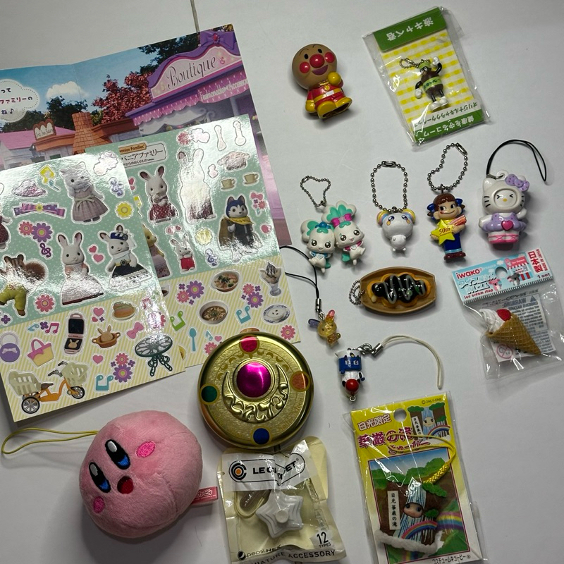 various trinkets gotochi gantungan sylvanian sticker, sailormoon tincase, kewpie tebing, kirby doll,