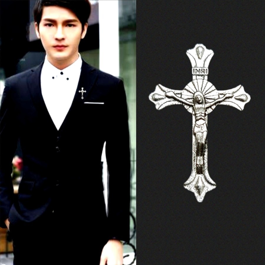 Metal Silver Cross Pin Bros Jas Kameja Tuxedo Mens Pria Classic Salib