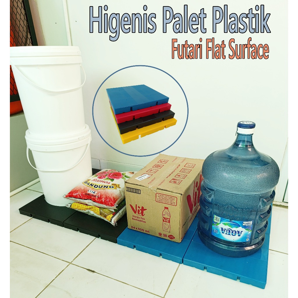 

Paket 6 Pcs Palet Plastik FLAT SURFACE Untuk Gudang, Apotik, Rumah Sakit & Resto FUTARI 30 x 30 x 3 Cm