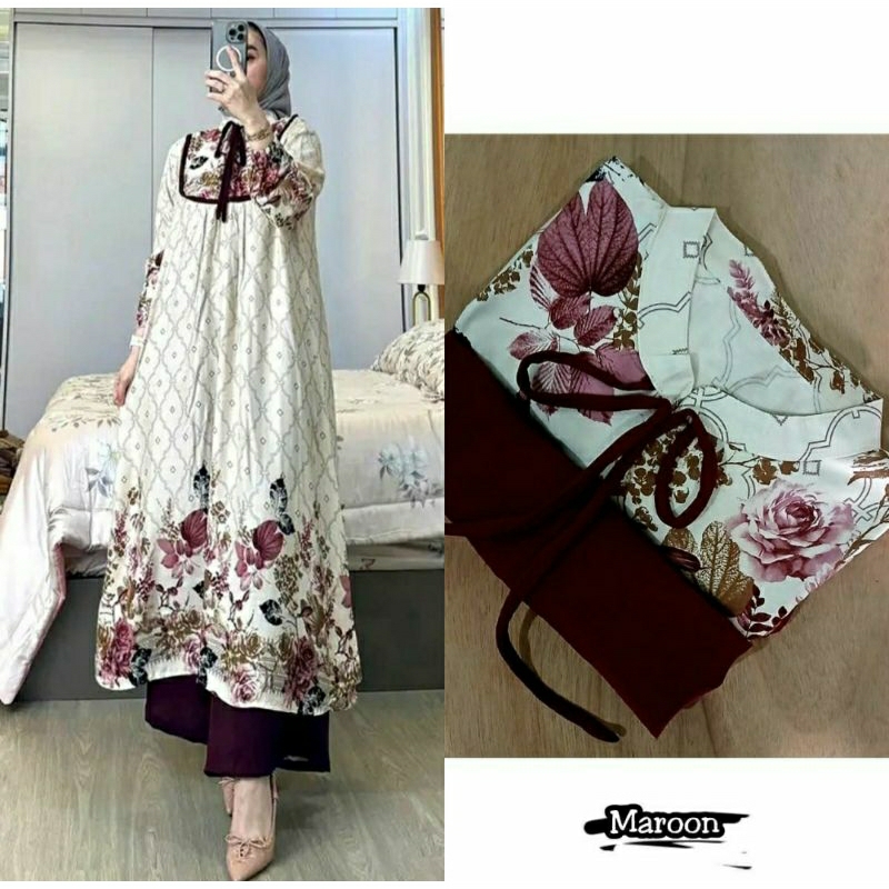 Set Long Tunik Motif Bunga Tunik Rayon Diamond Tunik Rayon