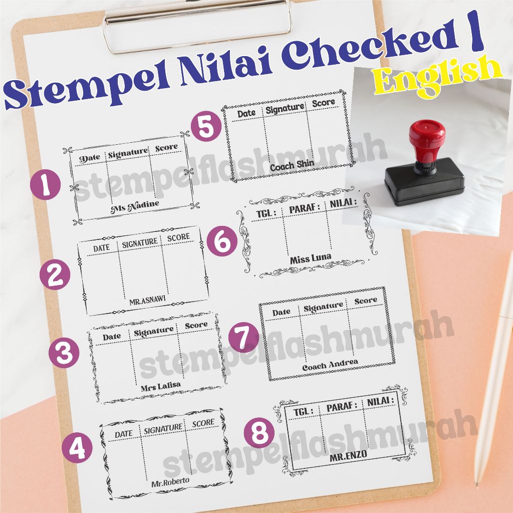 

stempel nilai koreksi guru 1 ENGLISH INGGRIS checked nama tanda tangan sekolah SD SMP SMA penilaian tinta otomatis warna flash stamp stempelflashmurah