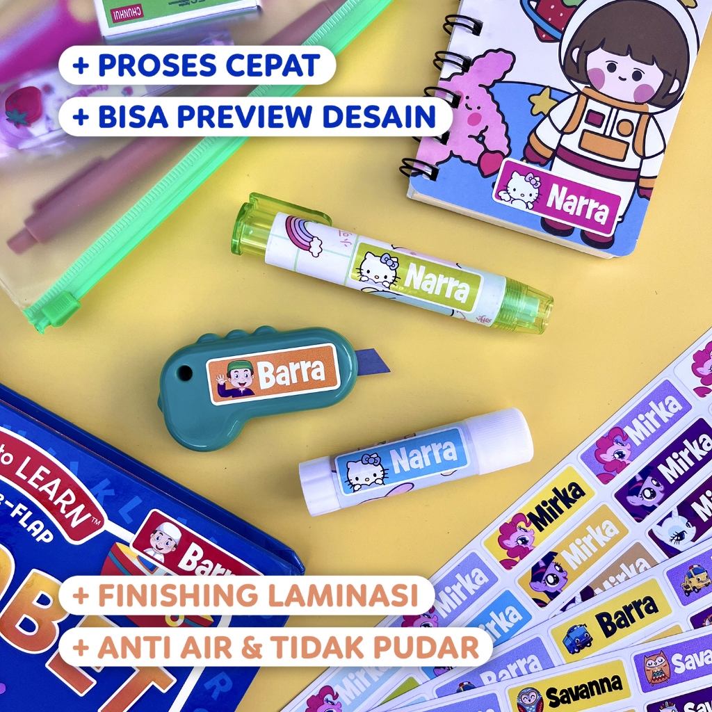 

Stiker Nama Anak Gambar Campur, Bahan Vinyl Laminasi Ukuran 1.5cm x 4.3cm