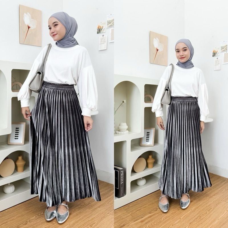 Rok Plisket Bludru Jumbo Panjang / Rok Velvet Jumbo / Rok Bludru Jumbo / Rok Bludru Panjang