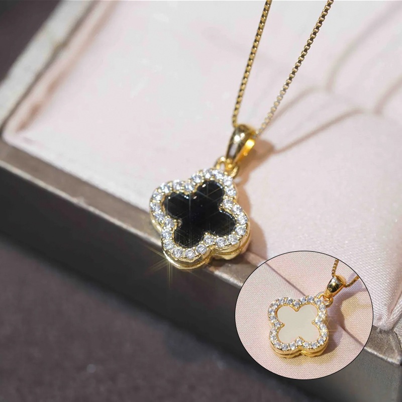 Perhiasan Kalung Titanium Clover Hitam Putih Premium