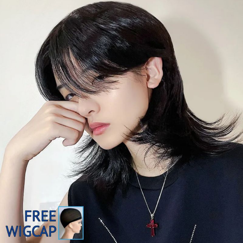 Wig Pria Rambut Panjang Warna Hitam Rambut Palsu Pria Model Mullet Panjang Free Hairnet