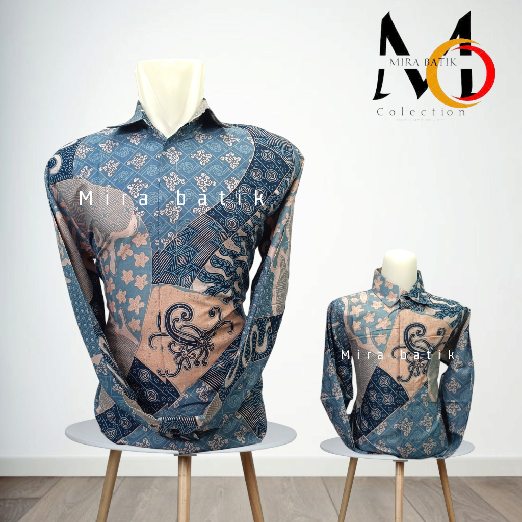 batik couple ayah anak biru denim  bahan katun premium_kemeja batik pria biru denim_kemeja batik ana