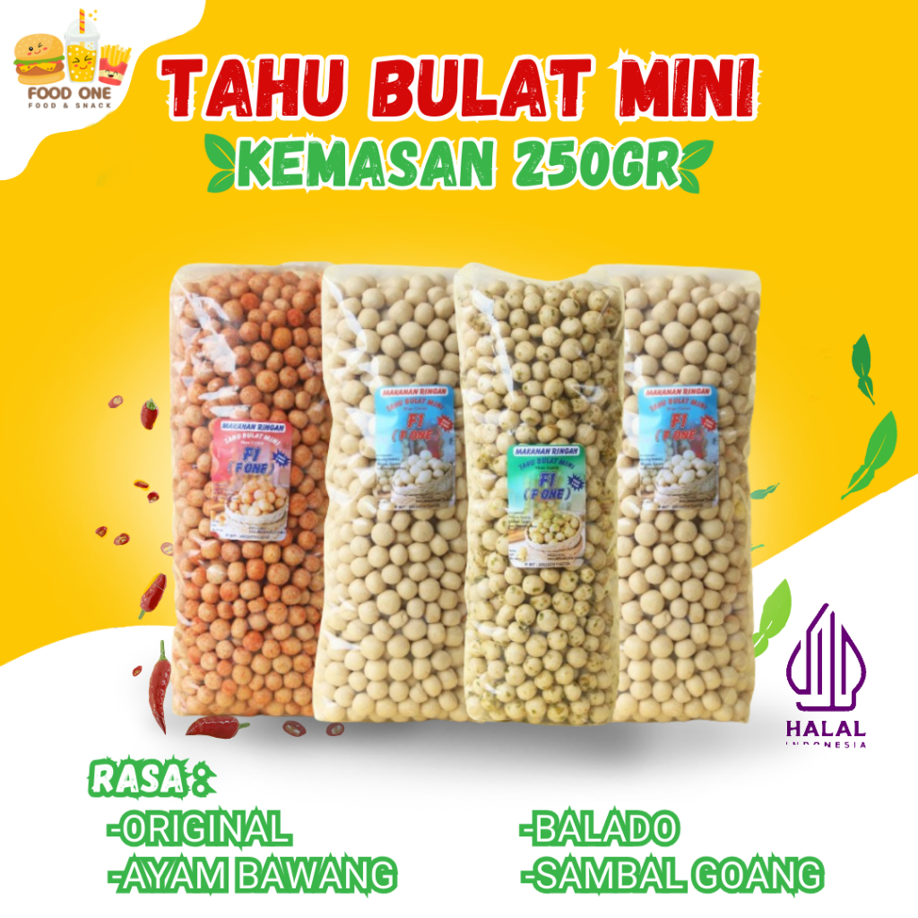 

Tahu Bulat Mini Kering F1 Rasa Original/Ayam Bawang/Sambal Goang/Balado 250GR