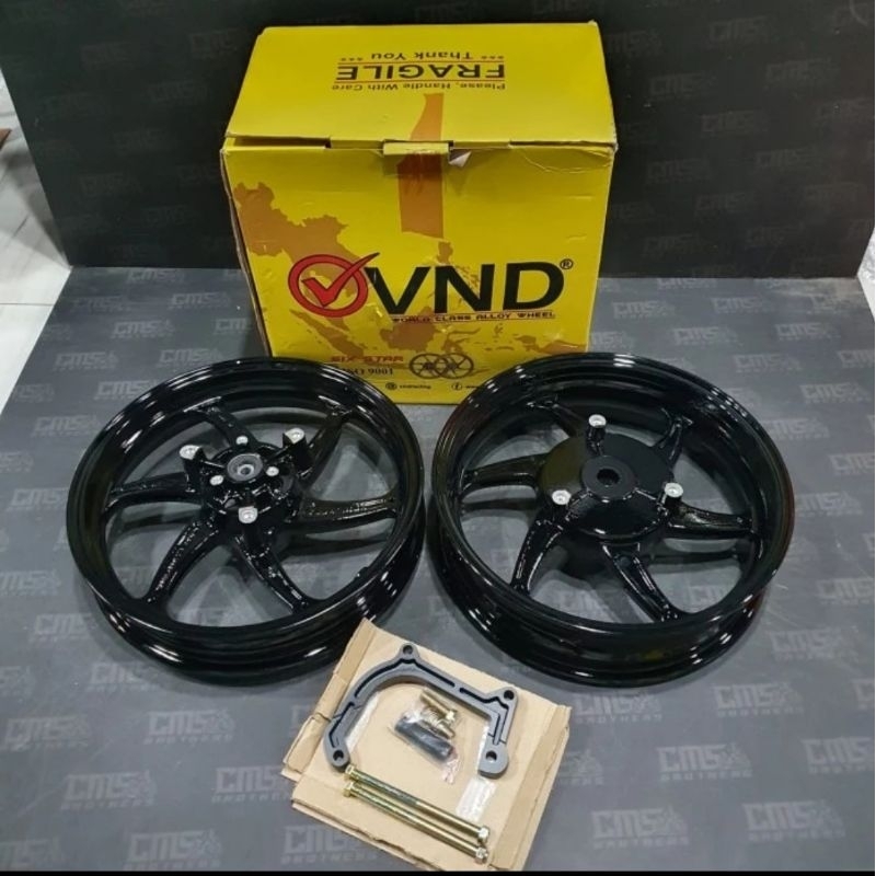 Velg Racing MotorMerk VND
Type Six Star Palang 6
For Yamaha Aerox 155 Ring 14x250x300
Belakang disc 
